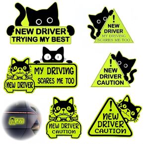AZY New Driver Sticker Set - 7pc Strong Reflective PVC Stickers for Car, Cute New Driver Warning Decals, Student Driver Stickers, Easy to Apply, Waterproof & Sun-Resistant, Yellow and Black in Saudi Arabia