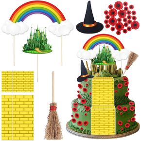 Suncalla 38 Pcs Castle Cake Topper Decorations with Mini Witch Hat Rainbow Clouds Brick Poppy Flower Broom Happy Birthday Wicked Cake Topper for Girls Princess Wizard Party Decorations Supplies in Kuwait