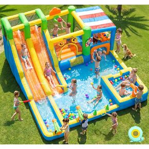 FBSPORT Inflatable Bounce House Double Water Slide,11 in 1 Inflatable Water Slide Park with 680W Blower, Splash Pool, Climbing Wall, Bouncy Castle for Indoor Outdoor Backyard in Saudi Arabia