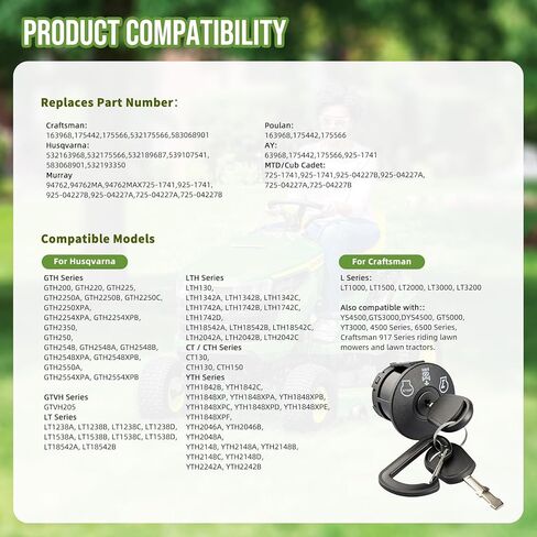 532193350 Ignition Switch 2 Keys 4 Position 7 Terminals & 725-06153A Starter Solenoid Compatible with Husqvarna, AYP, Craftsman, Poulan, Cub Cadet, MTD,193350 33457 21546319 725-06153A 725-06153 in Saudi Arabia
