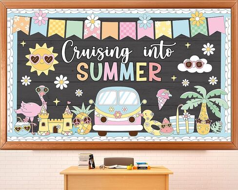 Summer Bulletin Board Decorations Set Groovy Hawaii Beach Classroom Decoration Pastel Cruising into Summer Hippie Daisy Tropical Cutouts for School Home Office Chalkboard Wall Decor Party Supplies in Saudi Arabia