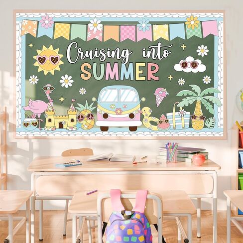 Summer Bulletin Board Decorations Set Groovy Hawaii Beach Classroom Decoration Pastel Cruising into Summer Hippie Daisy Tropical Cutouts for School Home Office Chalkboard Wall Decor Party Supplies in Saudi Arabia