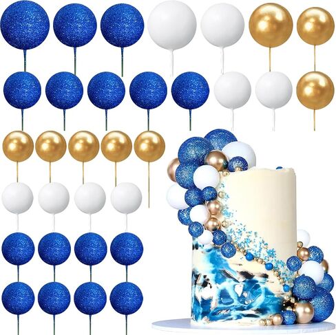 Ball Cake Topper Ball Cake Picks Colorful Pearl Ball Shaped Cupcake Insert Cake Topper for Bear Theme Birthday Party Favors Wedding Decoration (Glitter Blue Gold White) in Saudi Arabia
