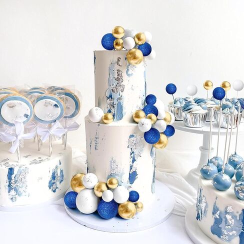 Ball Cake Topper Ball Cake Picks Colorful Pearl Ball Shaped Cupcake Insert Cake Topper for Bear Theme Birthday Party Favors Wedding Decoration (Glitter Blue Gold White) in Saudi Arabia