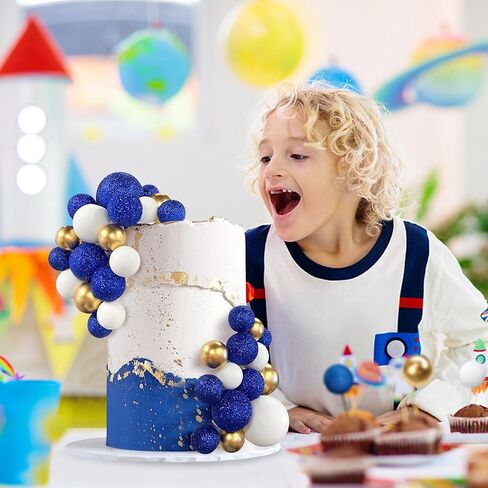Ball Cake Topper Ball Cake Picks Colorful Pearl Ball Shaped Cupcake Insert Cake Topper for Bear Theme Birthday Party Favors Wedding Decoration (Glitter Blue Gold White) in Saudi Arabia