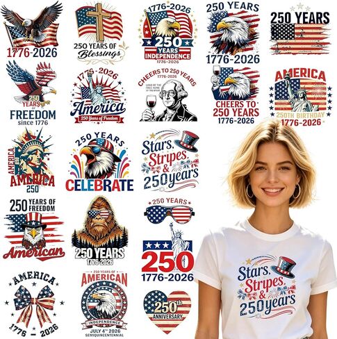20PCS 250th Anniversary of USA Iron on Transfers, Patriotic Eagle American Flag DTF Ready to Press Vinyl Heat Transfer, Independence Day Iron Ons for T-Shirts Pillow DIY Decor (American Anniversary) in Kuwait