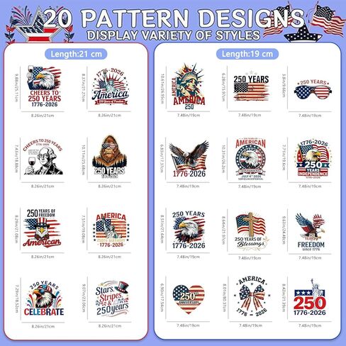 20PCS 250th Anniversary of USA Iron on Transfers, Patriotic Eagle American Flag DTF Ready to Press Vinyl Heat Transfer, Independence Day Iron Ons for T-Shirts Pillow DIY Decor (American Anniversary) in Kuwait