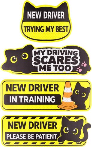 New Driver Magnet for Car, 4Pcs Black Cat Yellow New Driver Sticker Student Driver Magnet for Car, Removable Reflective Waterproof New Driver Trying My Best Funny Car Magnets in Saudi Arabia