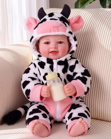 BABESIDE 17 Inch Baby Doll Girl, Soft Body Realistic Newborn Doll with Brown Eyes & Cow Outfit, Smiling Lifelike Baby Doll with Accessories, Birthday for Kids Age 3+ Girls Pretend Play in Kuwait