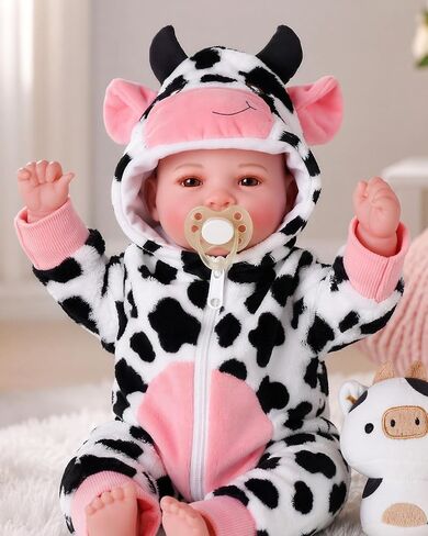 BABESIDE 17 Inch Baby Doll Girl, Soft Body Realistic Newborn Doll with Brown Eyes & Cow Outfit, Smiling Lifelike Baby Doll with Accessories, Birthday for Kids Age 3+ Girls Pretend Play in Kuwait