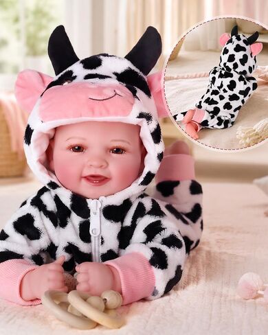 BABESIDE 17 Inch Baby Doll Girl, Soft Body Realistic Newborn Doll with Brown Eyes & Cow Outfit, Smiling Lifelike Baby Doll with Accessories, Birthday for Kids Age 3+ Girls Pretend Play in Kuwait