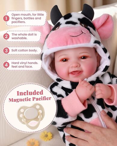 BABESIDE 17 Inch Baby Doll Girl, Soft Body Realistic Newborn Doll with Brown Eyes & Cow Outfit, Smiling Lifelike Baby Doll with Accessories, Birthday for Kids Age 3+ Girls Pretend Play in Kuwait