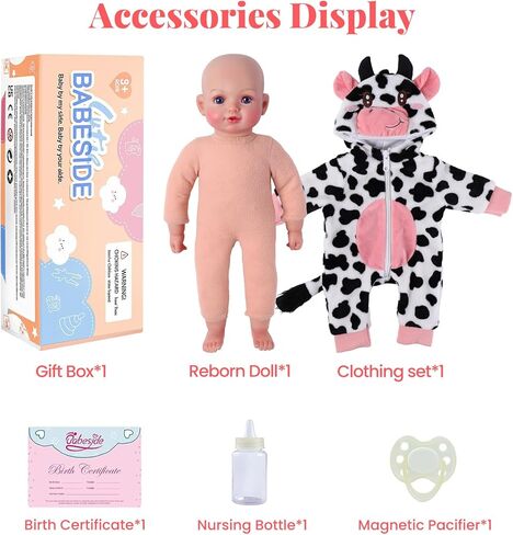 BABESIDE 17 Inch Baby Doll Girl, Soft Body Realistic Newborn Doll with Brown Eyes & Cow Outfit, Smiling Lifelike Baby Doll with Accessories, Birthday for Kids Age 3+ Girls Pretend Play in Kuwait