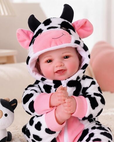 BABESIDE 17 Inch Baby Doll Girl, Soft Body Realistic Newborn Doll with Brown Eyes & Cow Outfit, Smiling Lifelike Baby Doll with Accessories, Birthday for Kids Age 3+ Girls Pretend Play in Kuwait