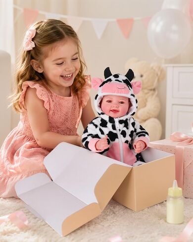 BABESIDE 17 Inch Baby Doll Girl, Soft Body Realistic Newborn Doll with Brown Eyes & Cow Outfit, Smiling Lifelike Baby Doll with Accessories, Birthday for Kids Age 3+ Girls Pretend Play in Kuwait