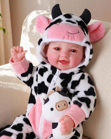 BABESIDE 17 Inch Baby Doll Girl, Soft Body Realistic Newborn Doll with Brown Eyes & Cow Outfit, Smiling Lifelike Baby Doll with Accessories, Birthday for Kids Age 3+ Girls Pretend Play in Kuwait