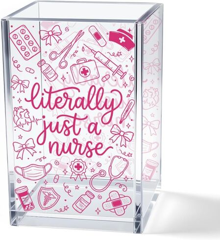 Literally Just a Nurse Funny Sarcastic Acrylic Pen Holder for Desk, Pink Bow Desk Organizer Decor for RN CNA NP, Clinic Hospital Nurse Appreciation Gifts, Nursing Graduation Gifts for Students in Saudi Arabia