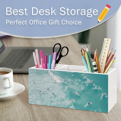 Aerial Surfers Beach Pen Pencil Holder for Desk Accessories, Gifts for Beach Lovers, Beach Office Decor, Boho Coastal Wooden Desk Pen Pencil Holder Organizer for Home Office Decor in Saudi Arabia