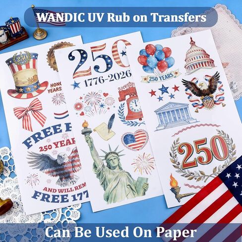 WANDIC 3 ورقات من الأشعة فوق البنفسجية DTF كأس فرك على ملصقات النقل، 1776-2026 الذكرى السنوية الـ 250 للولايات المتحدة الأمريكية ملصق وطني مقاوم للماء للأثاث والكمبيوتر المحمول في السيارة، 15 × 30 سم in Kuwait