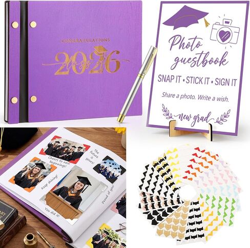 Thenshop 2026 Graduation Guest Book Set, Wooden Photo Album Scrapbook 126 Pages, Guest Book Sign, 360 DIY Photo Corners, Pen for Class of 2026 Grad Party Decorations Favors Gifts (Blue) in Kuwait