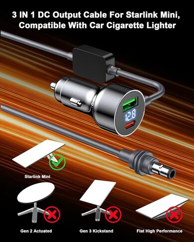 كابل شاحن سيارة لـ Starlink Mini 10FT، 3 في 1 Starlink Mini Accessories شاحن سيارة DC كابل الطاقة مع محول ولاعة سجائر 12V-48V، PD 30W+USB-A 30W+DC 72W مصدر طاقة السيارة للشاحنة، RV، القارب in Kuwait