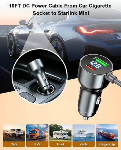 كابل شاحن سيارة لـ Starlink Mini 10FT، 3 في 1 Starlink Mini Accessories شاحن سيارة DC كابل الطاقة مع محول ولاعة سجائر 12V-48V، PD 30W+USB-A 30W+DC 72W مصدر طاقة السيارة للشاحنة، RV، القارب in Kuwait