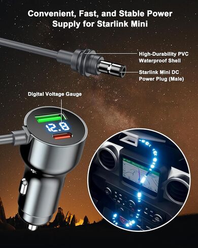 كابل شاحن سيارة لـ Starlink Mini 10FT، 3 في 1 Starlink Mini Accessories شاحن سيارة DC كابل الطاقة مع محول ولاعة سجائر 12V-48V، PD 30W+USB-A 30W+DC 72W مصدر طاقة السيارة للشاحنة، RV، القارب in Kuwait
