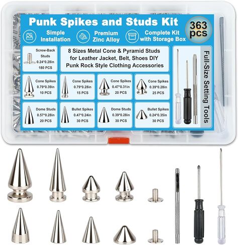 Domthent Punk Spikes and Studs Kit, 363 Sets with Screwback Studs, 8 Sizes Metal Cone & Pyramid Studs for Leather Jacket, Belt, Shoes DIY - Punk Rock Style Clothing Accessories (Silver) in Saudi Arabia