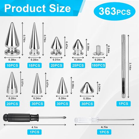 Domthent Punk Spikes and Studs Kit, 363 Sets with Screwback Studs, 8 Sizes Metal Cone & Pyramid Studs for Leather Jacket, Belt, Shoes DIY - Punk Rock Style Clothing Accessories (Silver) in Saudi Arabia