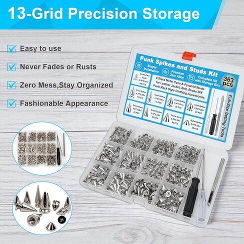 Domthent Punk Spikes and Studs Kit, 363 Sets with Screwback Studs, 8 Sizes Metal Cone & Pyramid Studs for Leather Jacket, Belt, Shoes DIY - Punk Rock Style Clothing Accessories (Silver) in Saudi Arabia