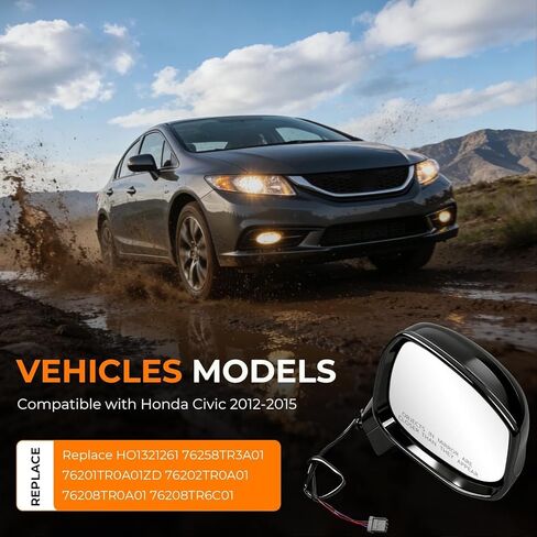 Right passenger Side Mirror compatible with Honda Civic 2012 2013 replace 76202TR0A01 with Power Glass 3 pin Black in Kuwait