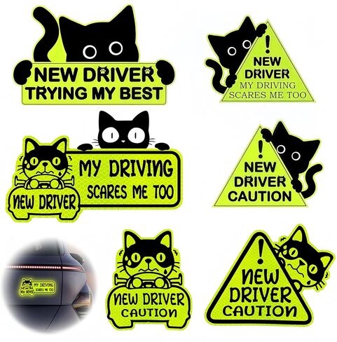 AZY New Driver Sticker Set - 7pc Strong Reflective PVC Stickers for Car, Cute New Driver Warning Decals, Student Driver Stickers, Easy to Apply, Waterproof & Sun-Resistant, Yellow and Black in Saudi Arabia