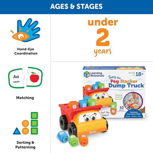 Learning Resources Tony the Peg Stacker Dump Truck - 10 Pieces, Ages 18+ Months Fine Motor Skills Toy for Toddlers, Preschool Toys in Kuwait