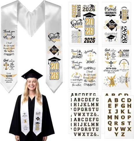 Christian Graduation Stole 2026 Senior White Graduation Sash with 8 Sheets Bible Verse Iron on Transfers Decals DIY Custom Graduate Sash Gift Religious Faith Jesus Class of 2026 Decorations in Saudi Arabia
