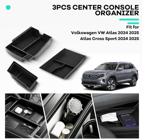 3PCS Center Console Organizers Tray Compatible with VW Volkswagen Atlas 2024 2025/ Cross Sport 2024 2025, Armrest Storage Box + Middle Console Organizer + Lower Center Console Tray Black in Kuwait