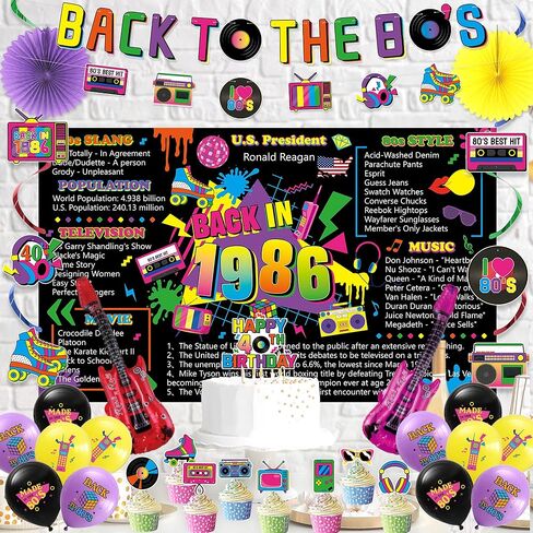 Vlipoeasn 40th Birthday Decorations, 80s Retro Back in 1986 Party Supplies with Poster Backdrop Banner, Hanging Swirls, Cake Cupcake Toppers, Paper Fans, Guitar Foil and Latex Balloons in Kuwait