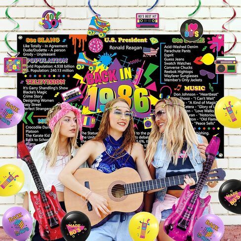 Vlipoeasn 40th Birthday Decorations, 80s Retro Back in 1986 Party Supplies with Poster Backdrop Banner, Hanging Swirls, Cake Cupcake Toppers, Paper Fans, Guitar Foil and Latex Balloons in Kuwait
