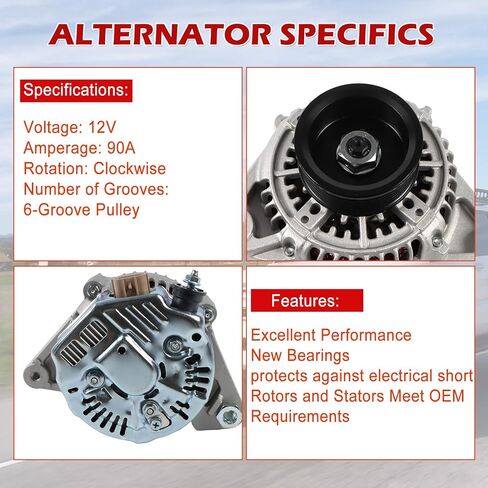 Kessocco 90A 12V CW 6-Groove Pulley 13755 Alternator for 1999 Toyota Solara 3.0L, 1997-1999 Toyota Camry 3.0L, Automotive Alternators Replace Part 2706020040 2706020240 in Kuwait