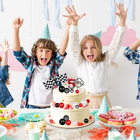 مجموعة 25 قطعة من كعكة السباق، شموع عيد الميلاد رقم 5 زينة كعكة سباق السيارات اللامعة مع كرات حمراء وبيضاء وسوداء، ديكور كعكة بطابع السباق لمستلزمات حفلات البطل ديكور الهالوين in Kuwait