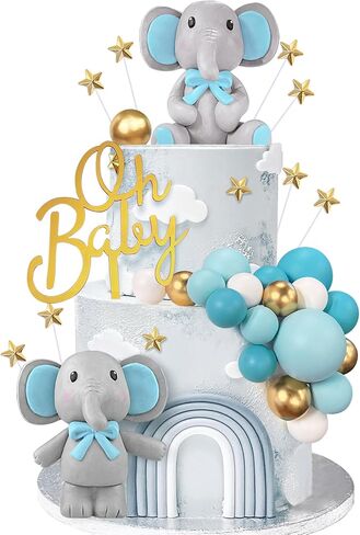 43 PCS Blue Elephant Cake Decoration Cute Baby Elephant Cake Decorations Oh Baby Cake Topper Star Cake Topper Blue Pearl Balls Cake Picks for Baby Shower Boy Elephant Theme Party Supplies in Saudi Arabia