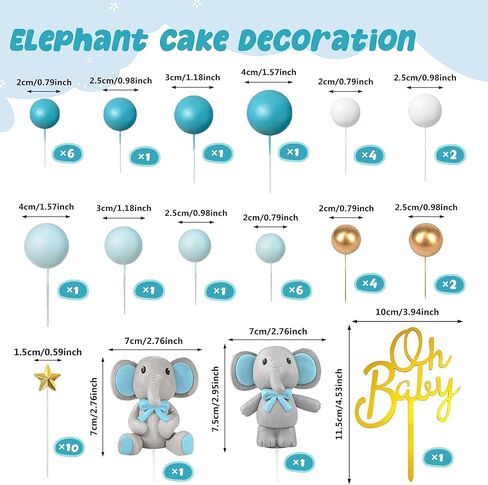 43 PCS Blue Elephant Cake Decoration Cute Baby Elephant Cake Decorations Oh Baby Cake Topper Star Cake Topper Blue Pearl Balls Cake Picks for Baby Shower Boy Elephant Theme Party Supplies in Saudi Arabia