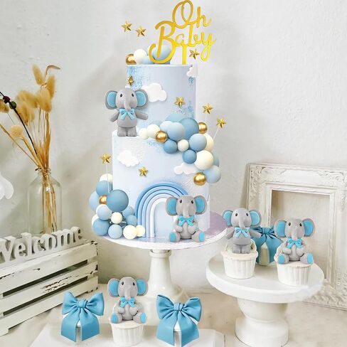 43 PCS Blue Elephant Cake Decoration Cute Baby Elephant Cake Decorations Oh Baby Cake Topper Star Cake Topper Blue Pearl Balls Cake Picks for Baby Shower Boy Elephant Theme Party Supplies in Saudi Arabia