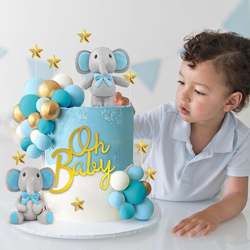 43 PCS Blue Elephant Cake Decoration Cute Baby Elephant Cake Decorations Oh Baby Cake Topper Star Cake Topper Blue Pearl Balls Cake Picks for Baby Shower Boy Elephant Theme Party Supplies in Saudi Arabia