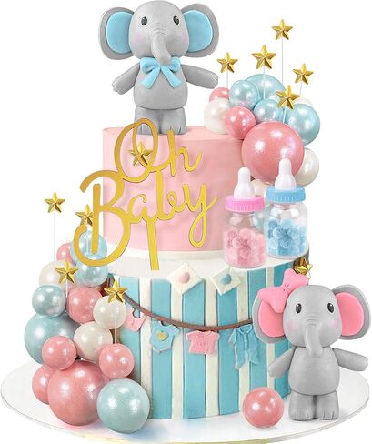 43 PCS Blue Elephant Cake Decoration Cute Baby Elephant Cake Decorations Oh Baby Cake Topper Star Cake Topper Blue Pearl Balls Cake Picks for Baby Shower Boy Elephant Theme Party Supplies in Saudi Arabia
