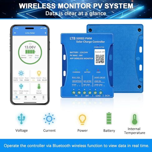 30A PWM Solar Charge Controller for Sealed/Gel/Flooded/LiFePO4/Lithium Batteries 12V 24V Auto Matching Intelligent Regulator with Bluetooth APP Remote Monitor, 5V USB Port, 7 Load Modes, Blue in Saudi Arabia