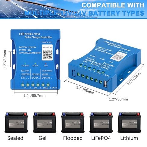30A PWM Solar Charge Controller for Sealed/Gel/Flooded/LiFePO4/Lithium Batteries 12V 24V Auto Matching Intelligent Regulator with Bluetooth APP Remote Monitor, 5V USB Port, 7 Load Modes, Blue in Saudi Arabia