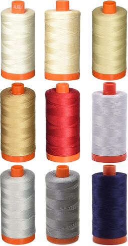 9 عبوات - حزمة Aurifil 50WT - موسلين + رمل فاتح + بيج فاتح + بيج + أحمر + ألومنيوم + حمامة + رمادي + كحلي داكن، خيط قطن ماكو - 1422 ياردة لكل منها in Kuwait