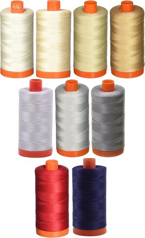 9 عبوات - حزمة Aurifil 50WT - موسلين + رمل فاتح + بيج فاتح + بيج + أحمر + ألومنيوم + حمامة + رمادي + كحلي داكن، خيط قطن ماكو - 1422 ياردة لكل منها in Kuwait