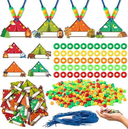 TICIAGA Camping Beaded Necklace Craft - 24 Pack Summer Camping Jewelry Making Set with Colorful Beads and Wooden Tent Name Tags Nature Explorer Vbs Classroom Activities & Outdoor Adventure Party Favor in Saudi Arabia