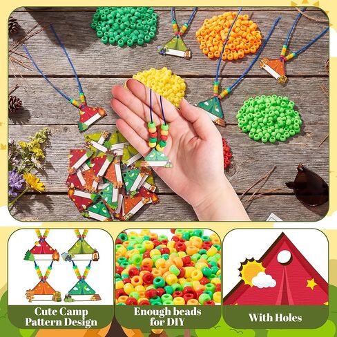 TICIAGA Camping Beaded Necklace Craft - 24 Pack Summer Camping Jewelry Making Set with Colorful Beads and Wooden Tent Name Tags Nature Explorer Vbs Classroom Activities & Outdoor Adventure Party Favor in Saudi Arabia